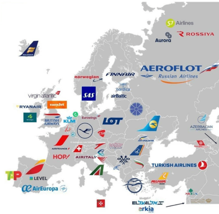 mapa de las aerolíneas europeas y su país de origen